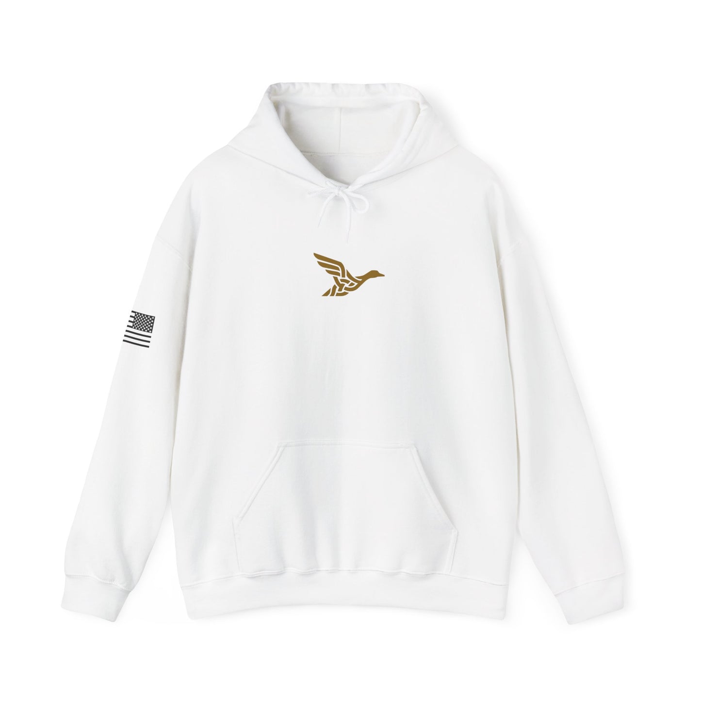 Hoodie — Minimal Gold Duck Emblem Pullover with Sleeve Flag