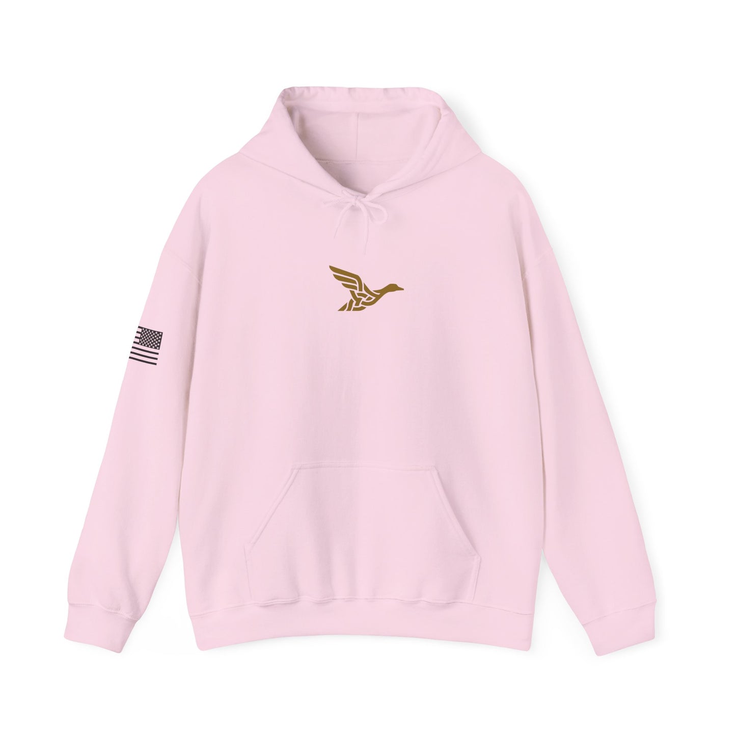 Hoodie — Minimal Gold Duck Emblem Pullover with Sleeve Flag